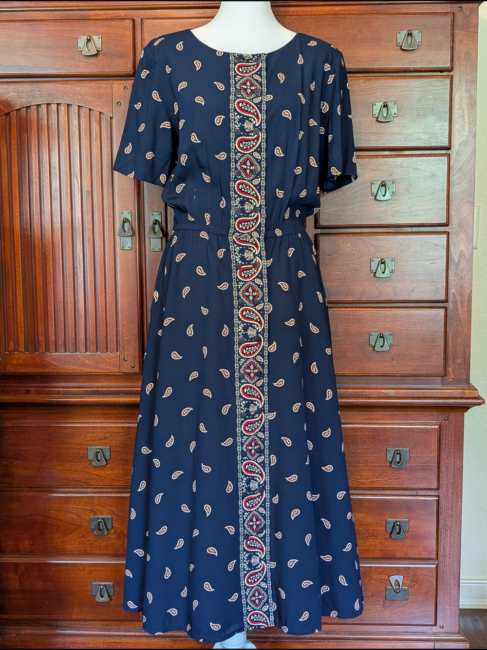 Liz Claiborne Navy Midi Dress with Red & Cream Paisley Trim